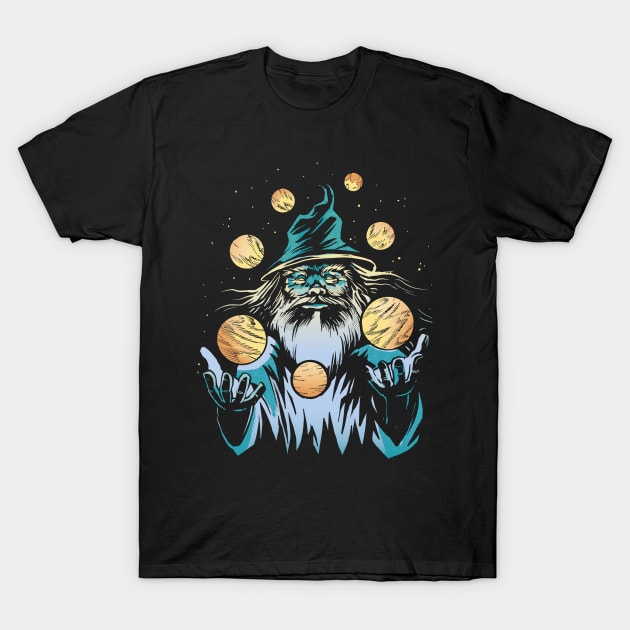 Wizard Juggling Planets In Space T-Shirt by Cosmo Gazoo